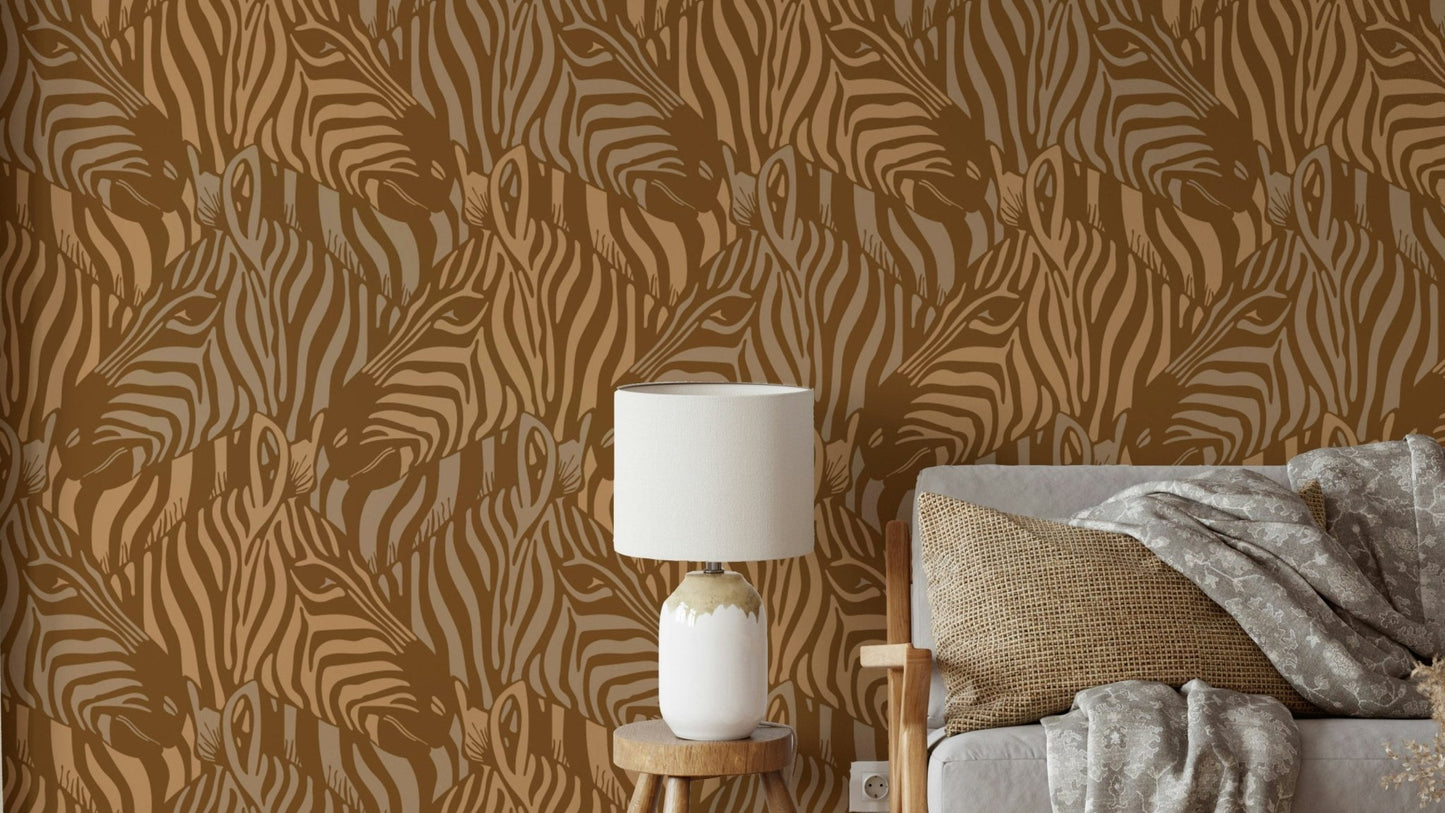 A wall mural of a zebra herd with artistic stripes.

