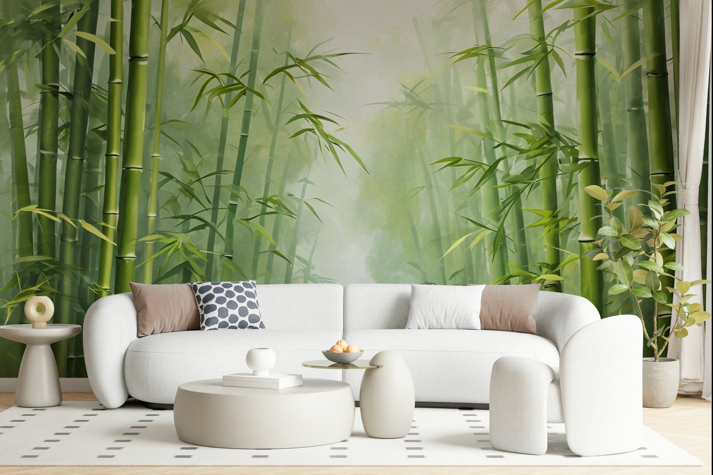 Zen bamboo forest wall mural in green tones for lounge feature wall, calm nature look