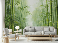 Bamboo forest mural for reading corner, calm green tones and layered leaves