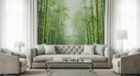 Misty bamboo forest wall mural for flat entrance area, calm green palette