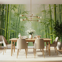 Zen bamboo mural for bathroom spa feel, soft greens and natural stalk pattern