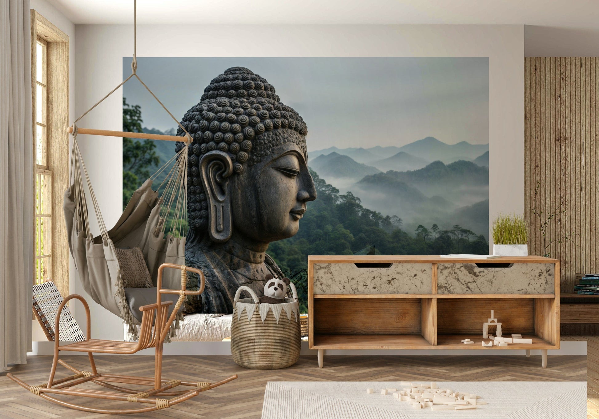 Large scale wall mural of a serene Buddha statue for a high-ceiling apartment.