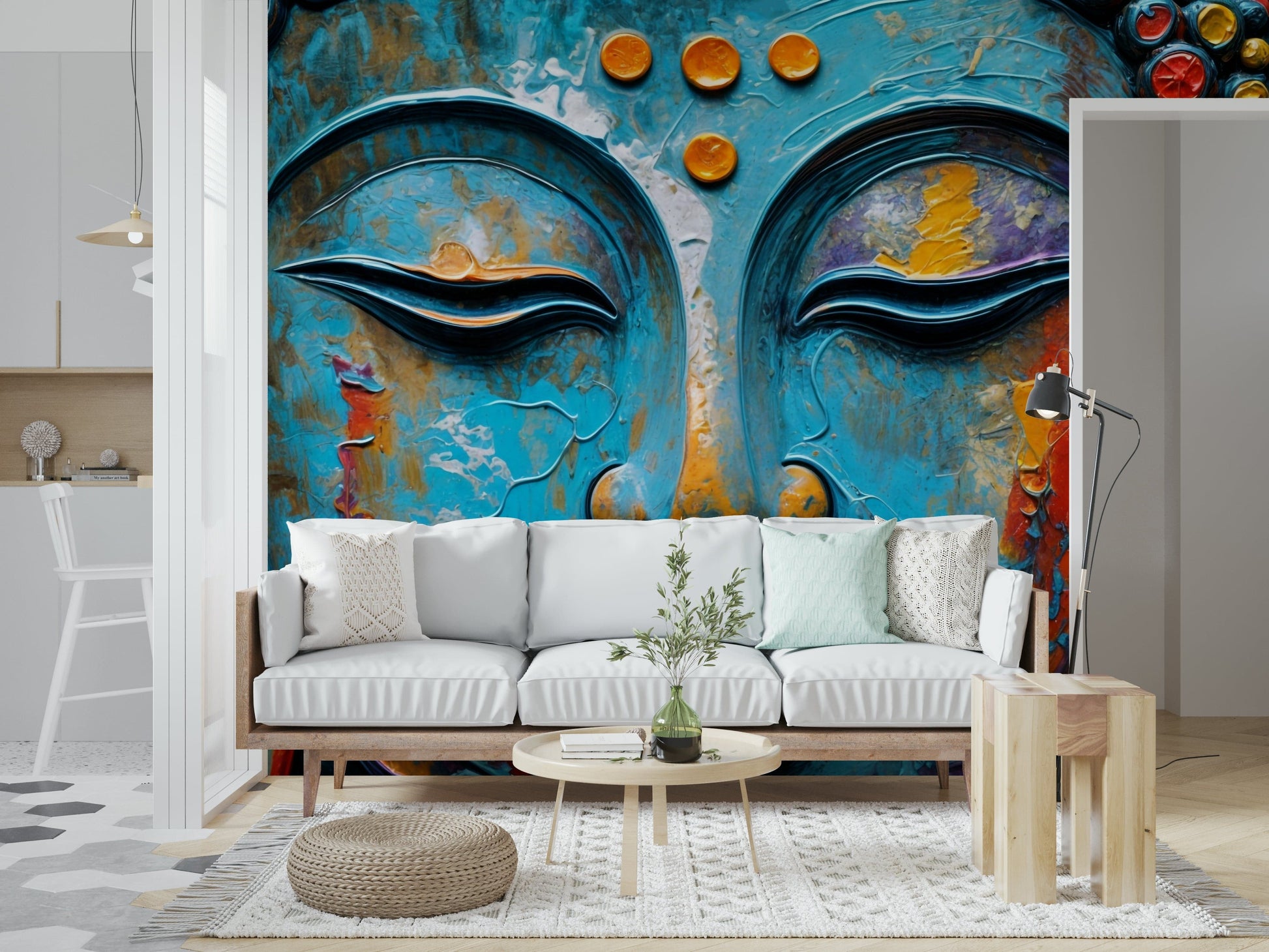 Textured 3D effect Buddha art for a modern studio apartment entryway.