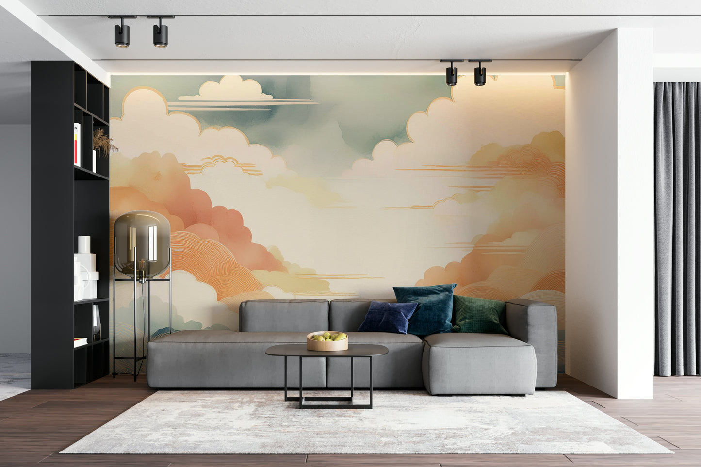 Monochrome sky scene for a sophisticated apartment lounge