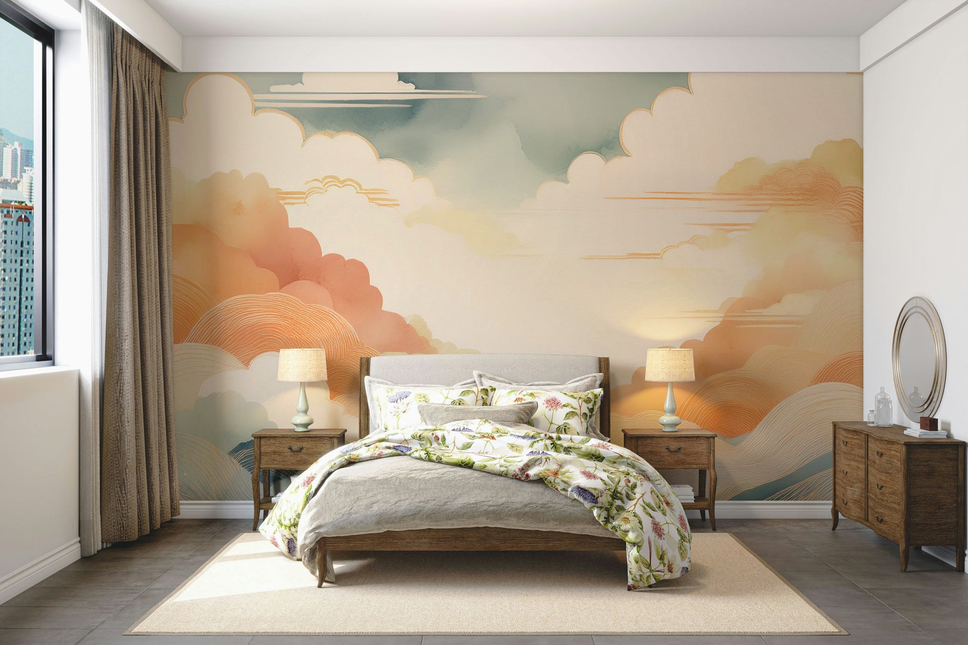 Airy sky landscape mural in a contemporary apartment hallway