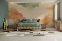 Soft grey clouds on a large scale mural for an open dining area