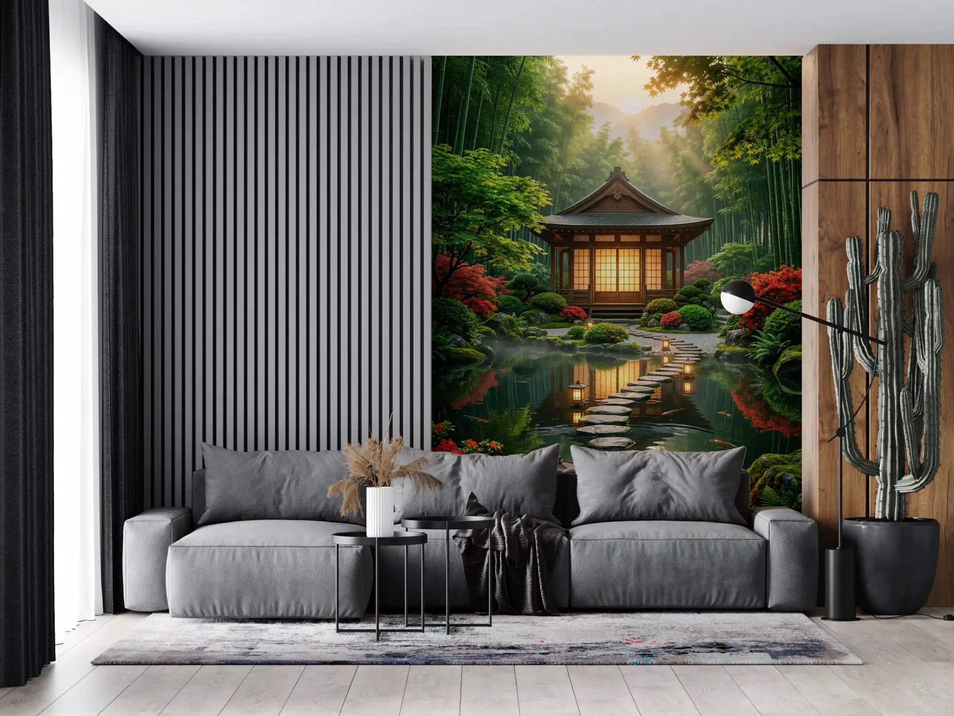 Neutral Zen wall mural pairs nicely with a minimalist lounge area