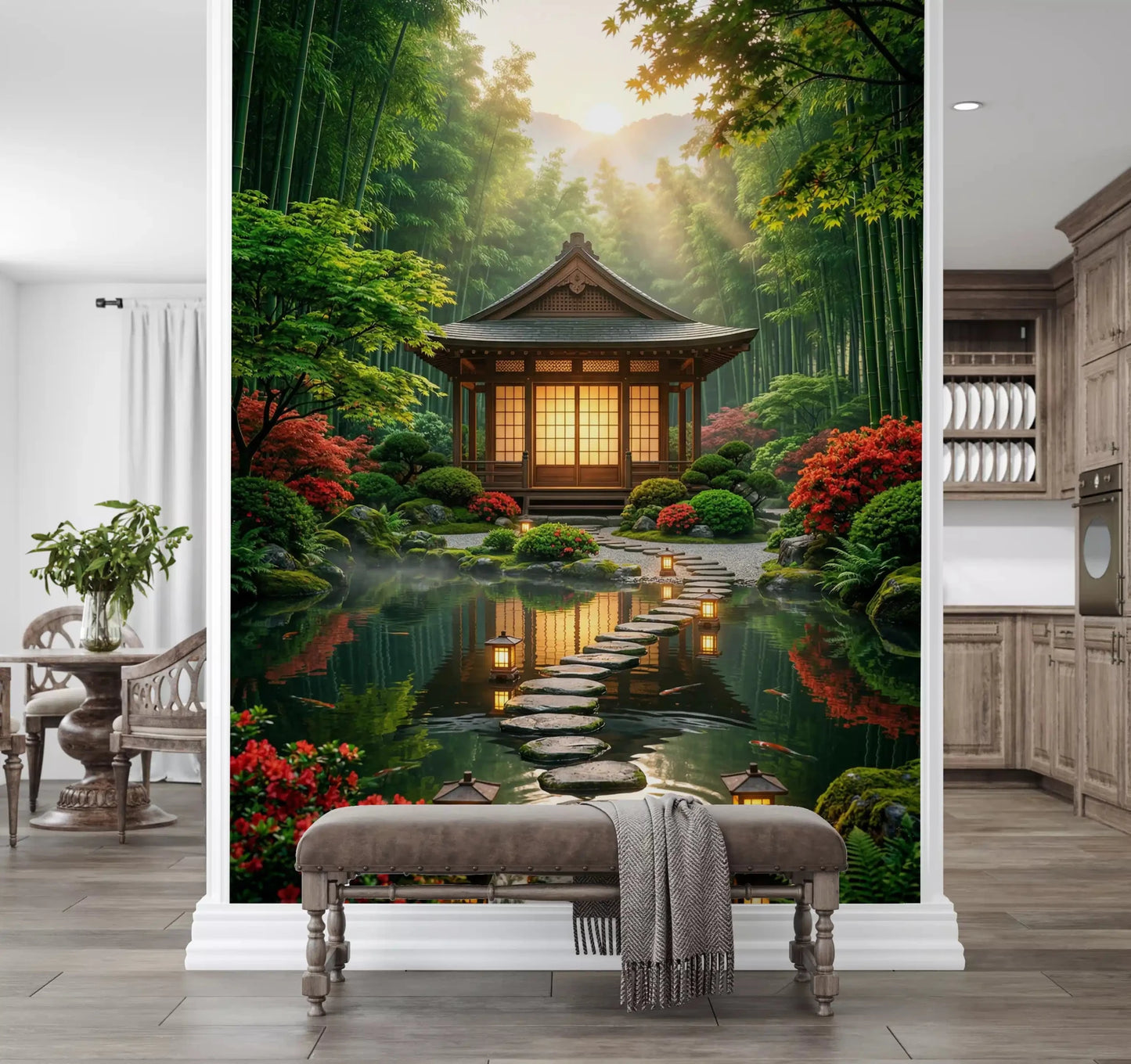 Sand ripple wall mural adds a polished look to an entryway wall