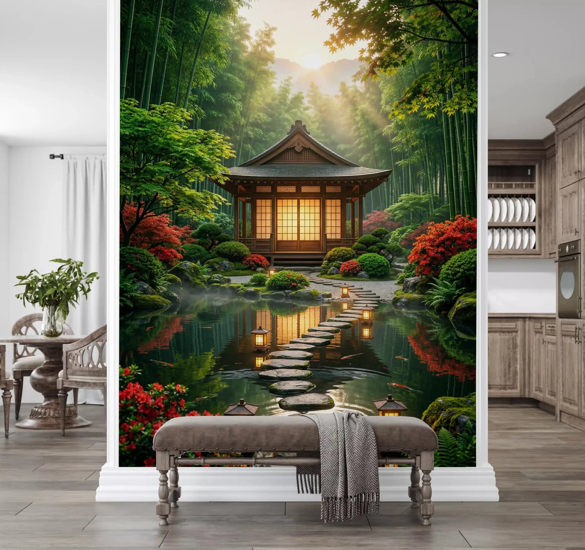 Sand ripple wall mural adds a polished look to an entryway wall