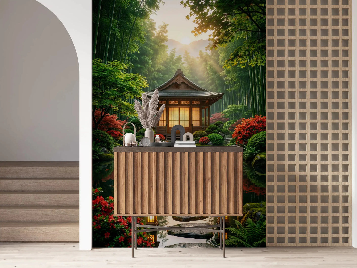 Pebble texture wall mural gives a serene touch to a spa-style Hallway 