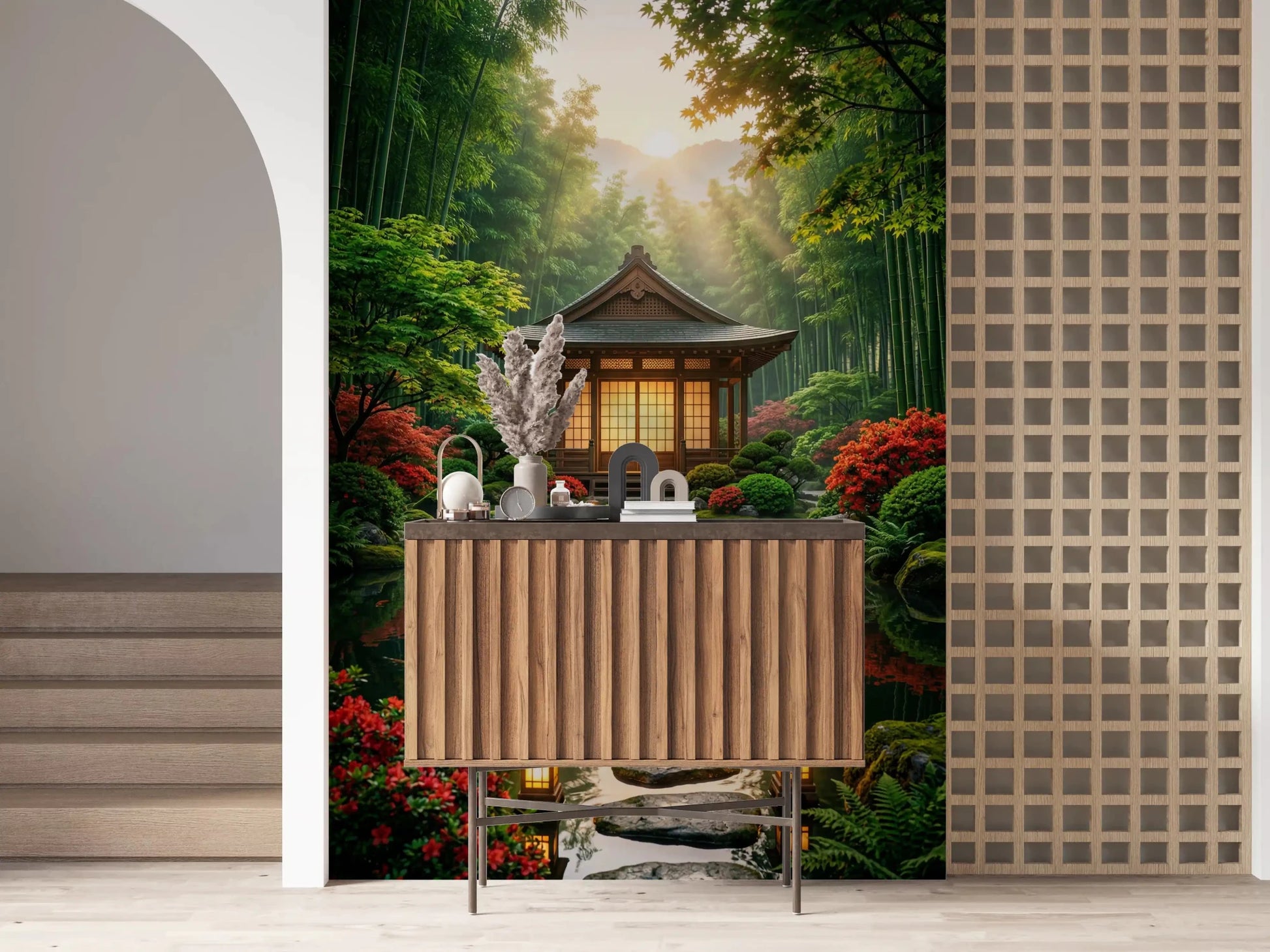 Pebble texture wall mural gives a serene touch to a spa-style Hallway 
