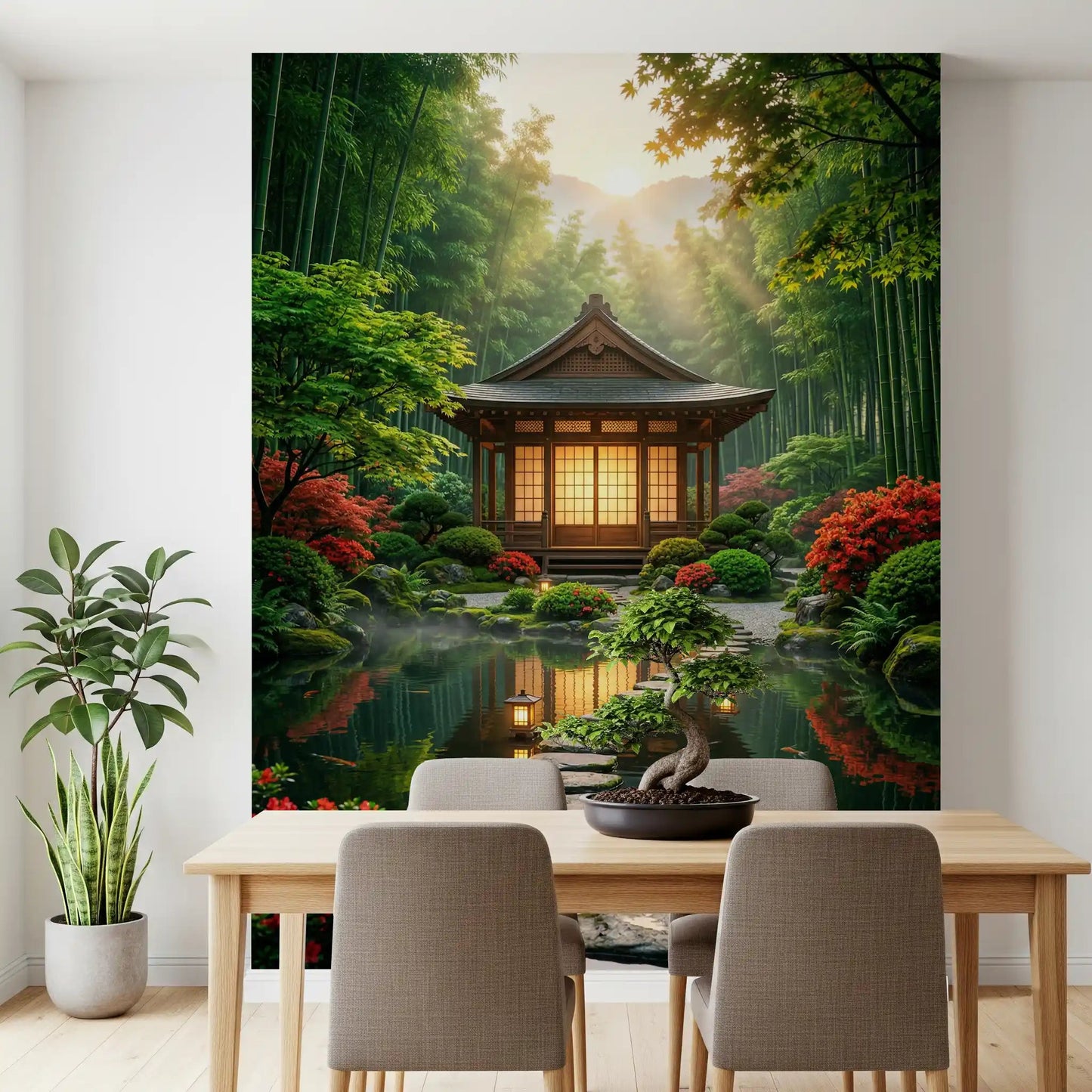 Bamboo and water wall mural creates a calm Dining room setting