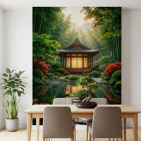 Bamboo and water wall mural creates a calm Dining room setting