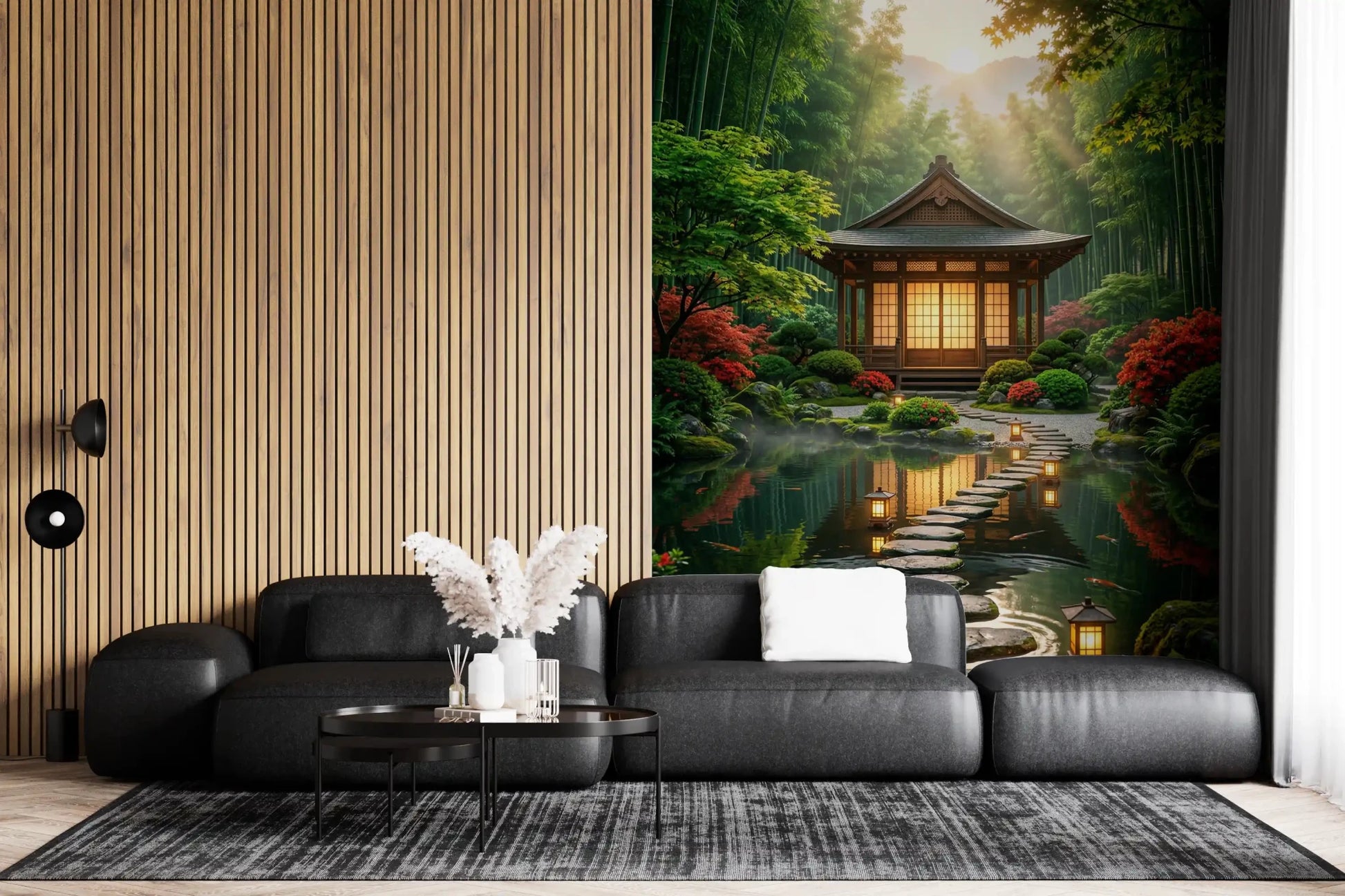 Stone path and raked sand wall mural with Zen Garden Retreat detail