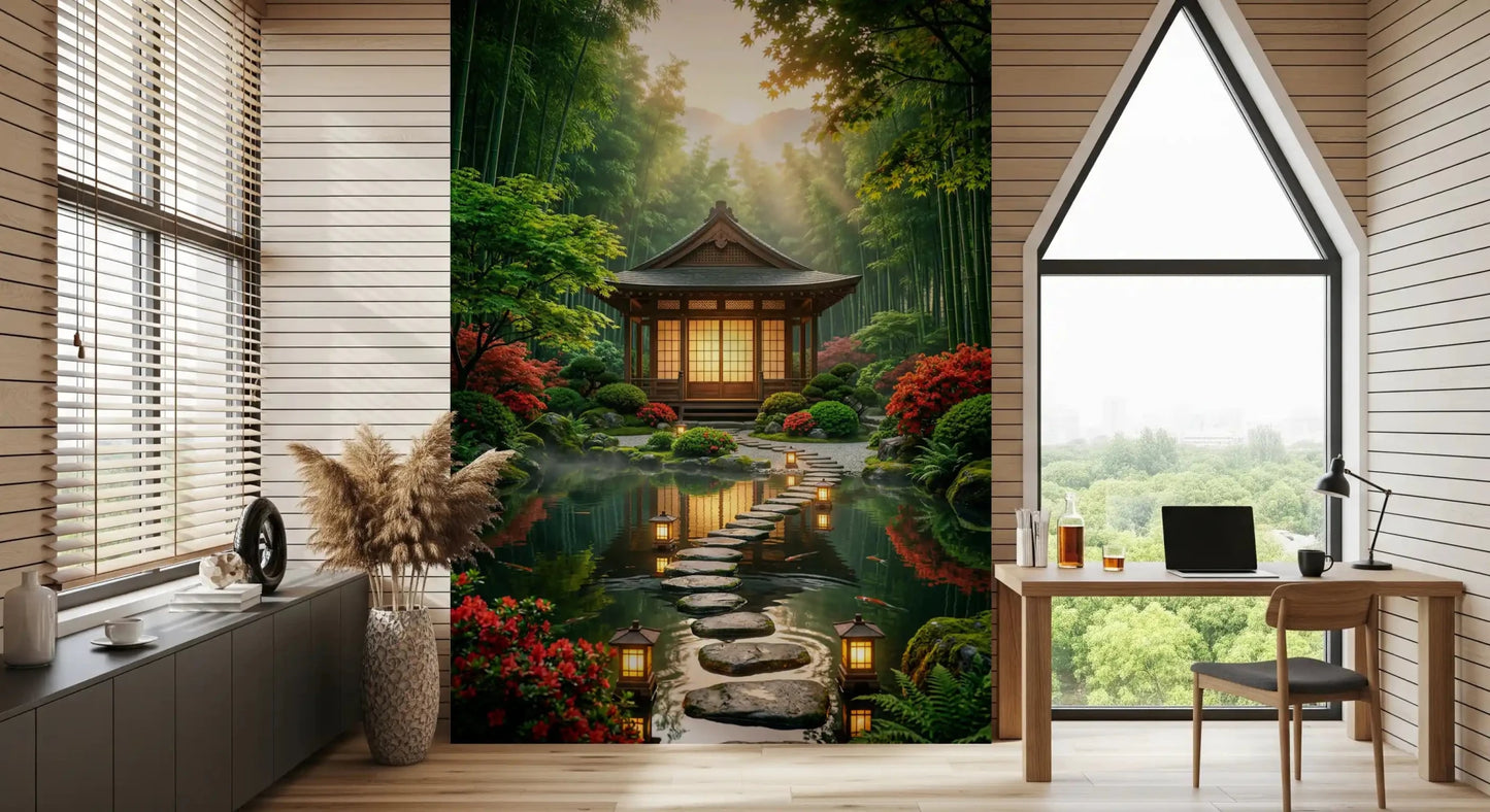 Stone path wall mural brings balance to a Office with muted tones