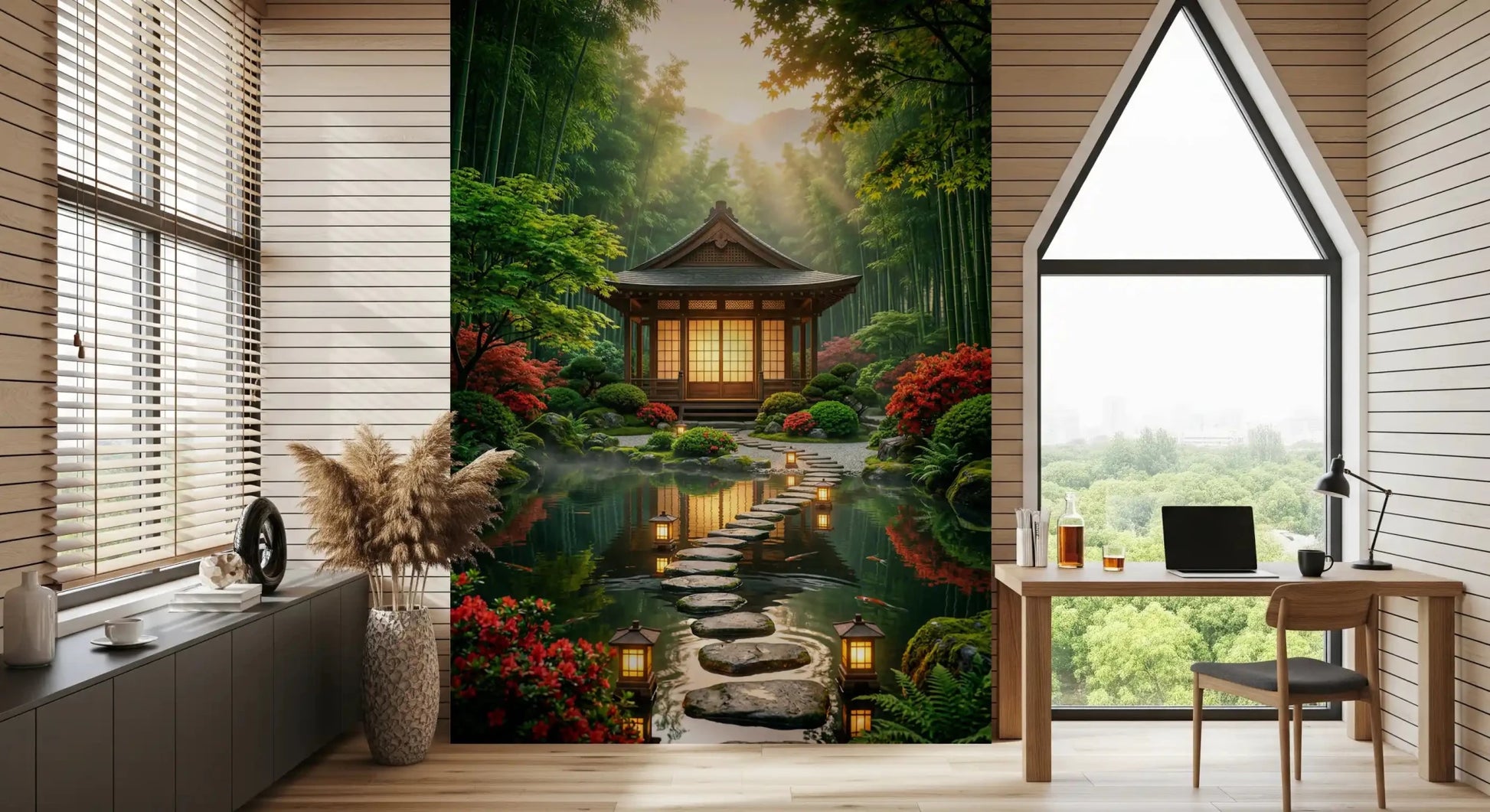 Stone path wall mural brings balance to a Office with muted tones