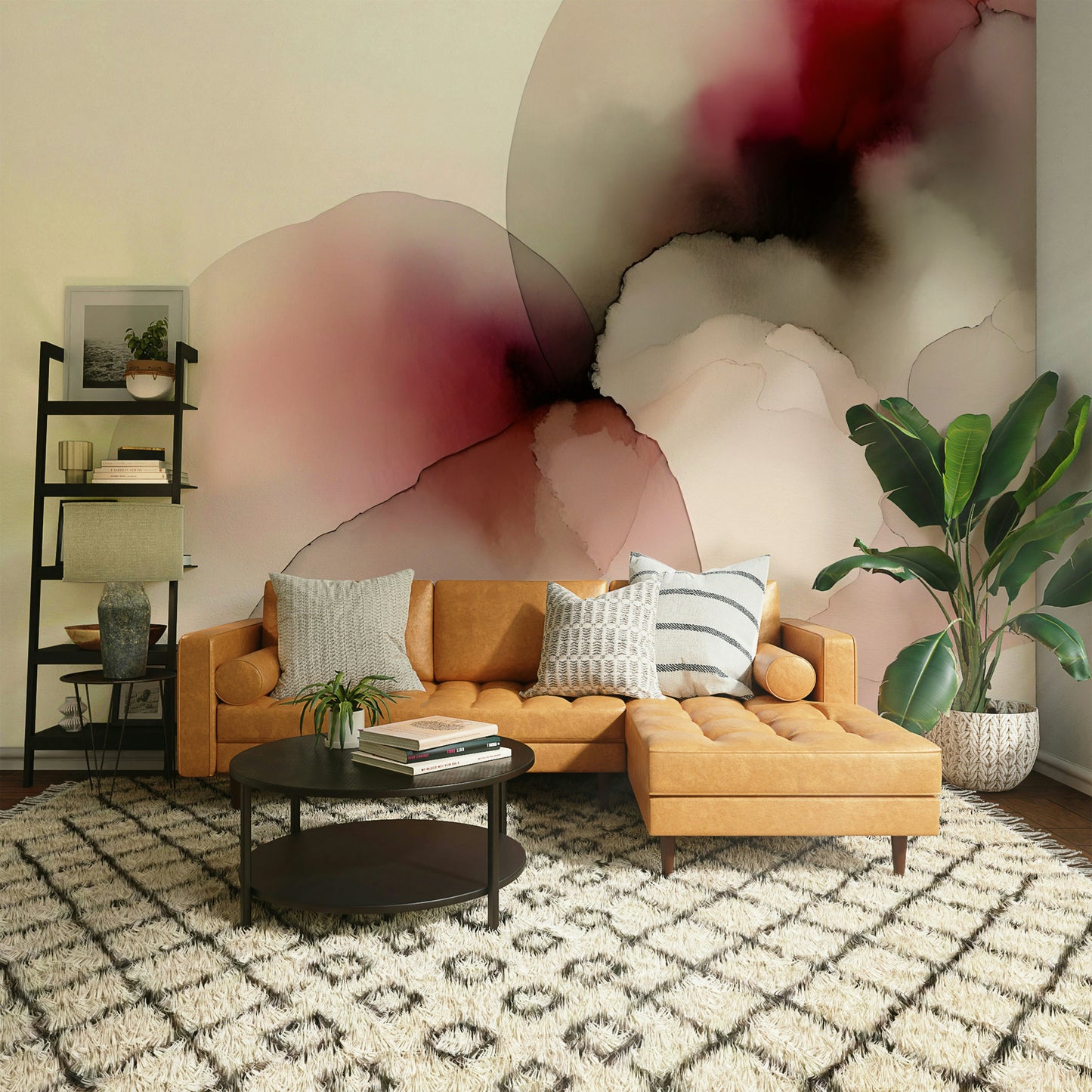 Soft grey trees on a large scale mural for an airy dining area