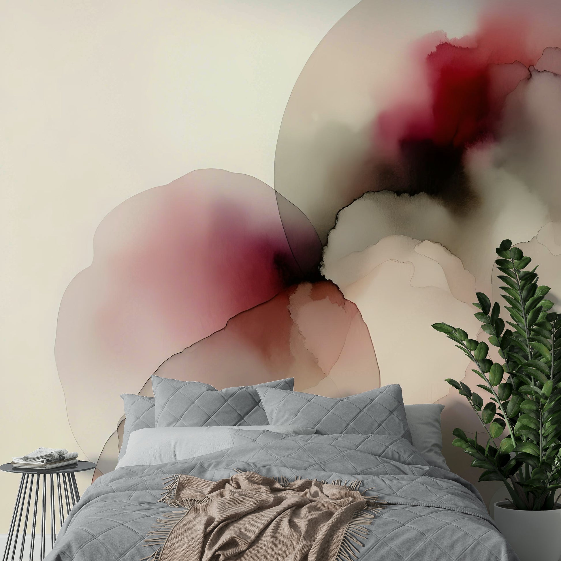 Misty botanical landscape wallpaper in a contemporary apartment hallway