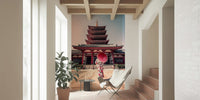 Zen Temple View wall mural woman kimono serene path.