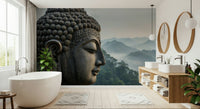 Zenith Buddha Vista Wall Mural installed behind a wooden desk in a home office.