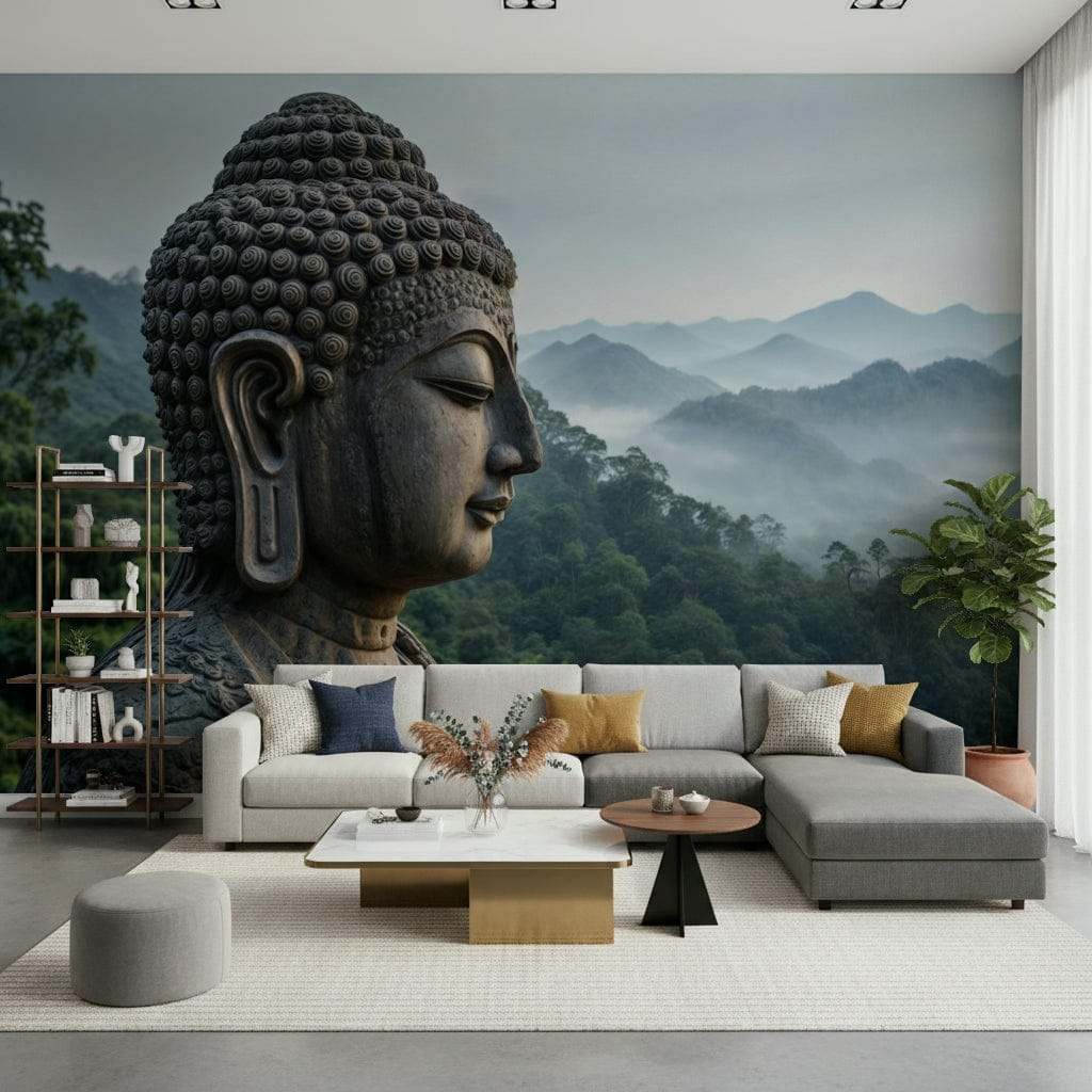 Zen-style bedroom feature wall featuring a large Buddha face in neutral colors.