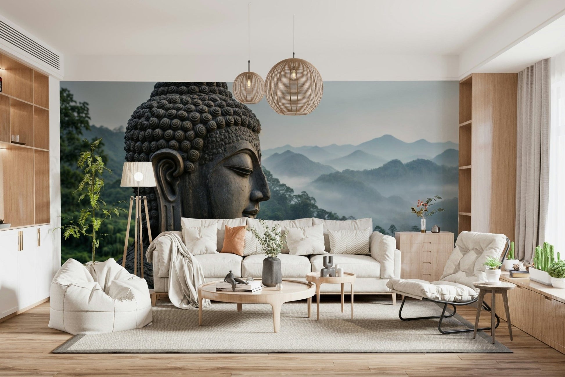 Zenith Buddha Vista Wall Mural in a minimalist modern living room with gray furniture.