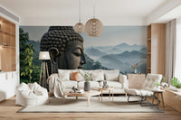 Zenith Buddha Vista Wall Mural in a minimalist modern living room with gray furniture.