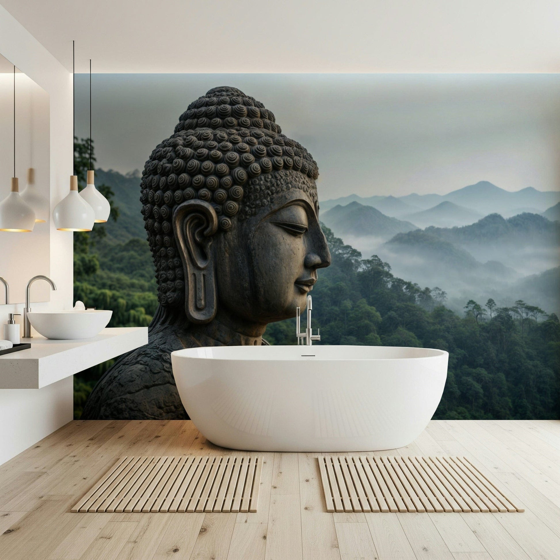 Modern entryway wall decor showing the Zenith Buddha Vista in soft lighting.