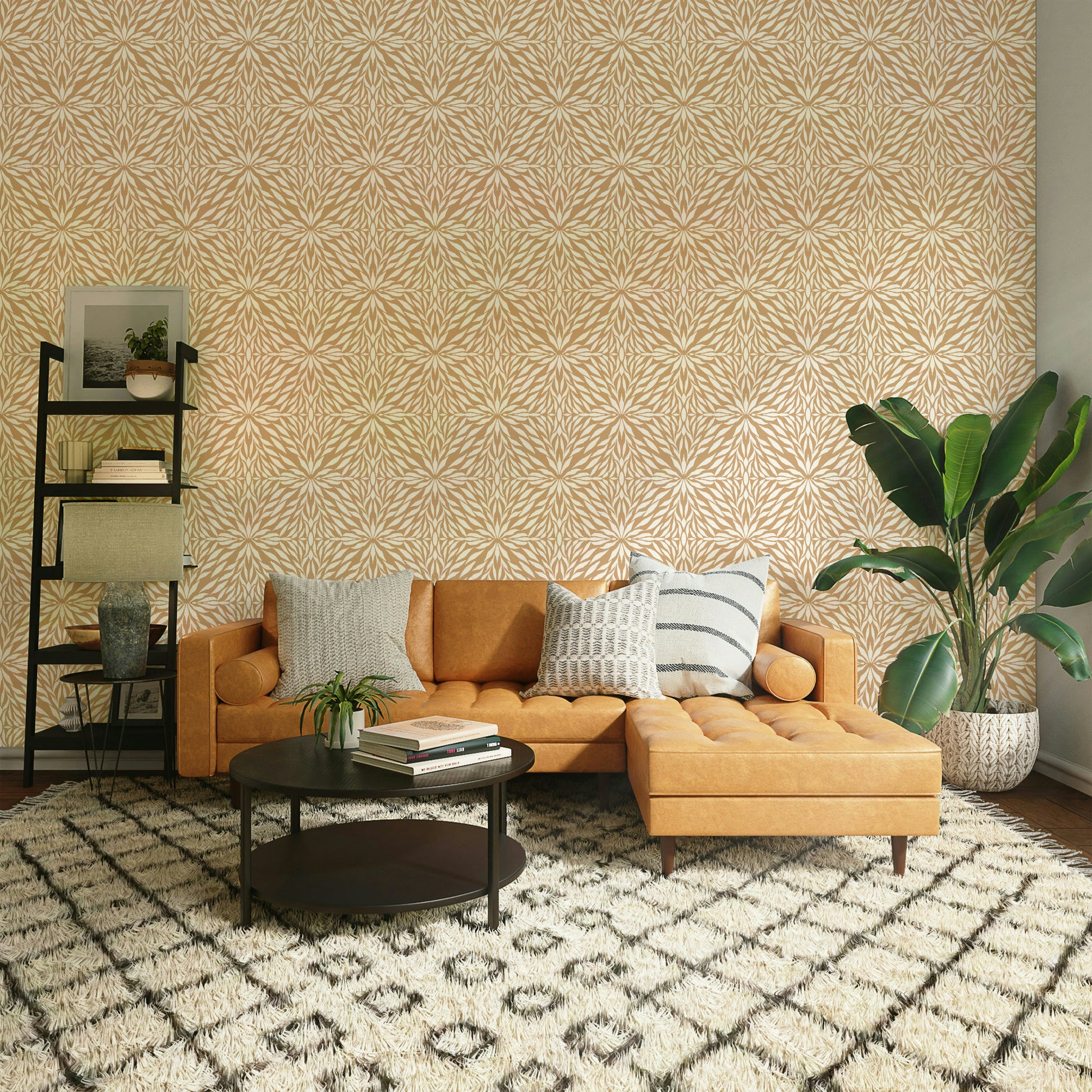 Clay-hued leaf wallpaper for cozy contemporary walls

