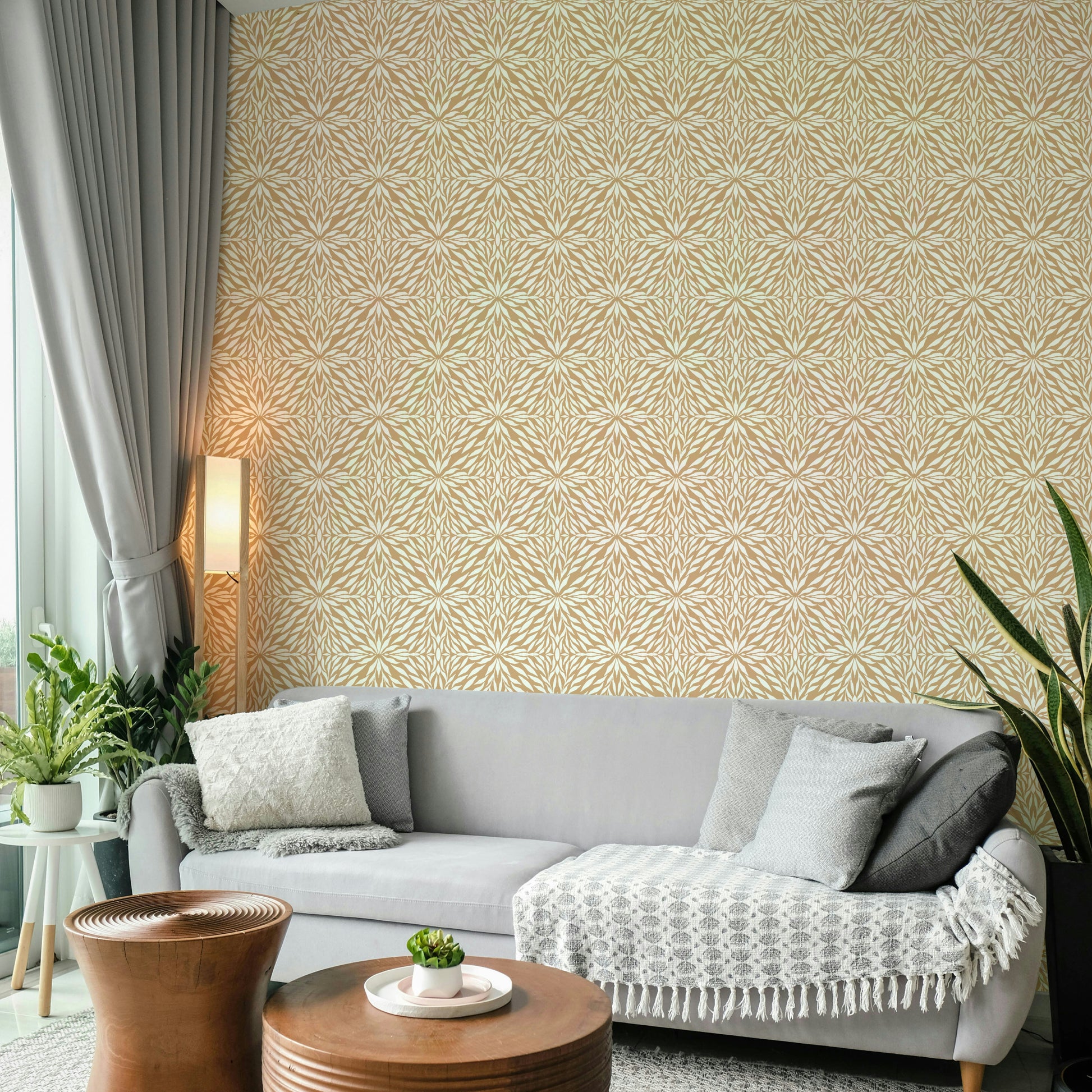 Abstract foliage mural with earthy sophistication

