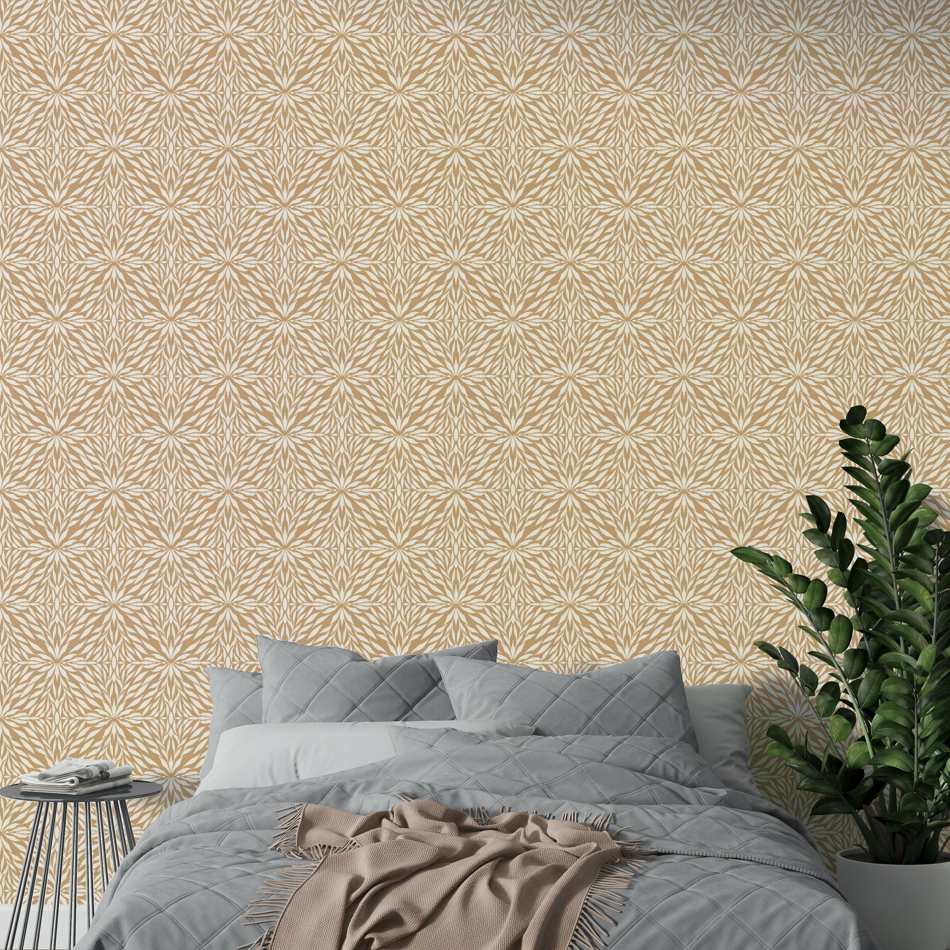 Dining room wallpaper in muted clay and natural tones

