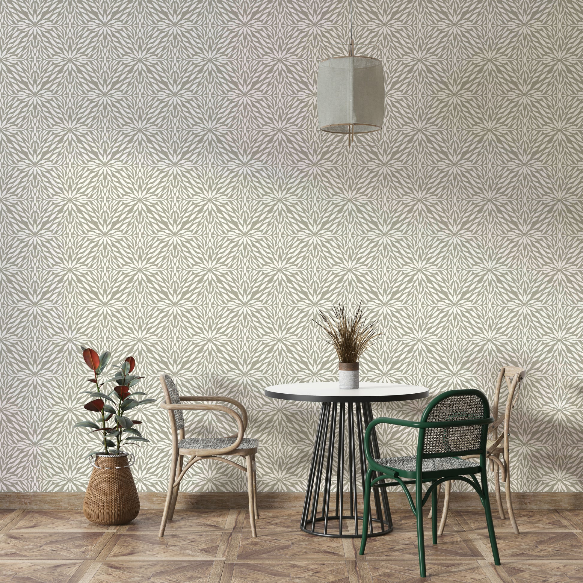 Neutral leaf wallpaper for calm, contemporary spaces

