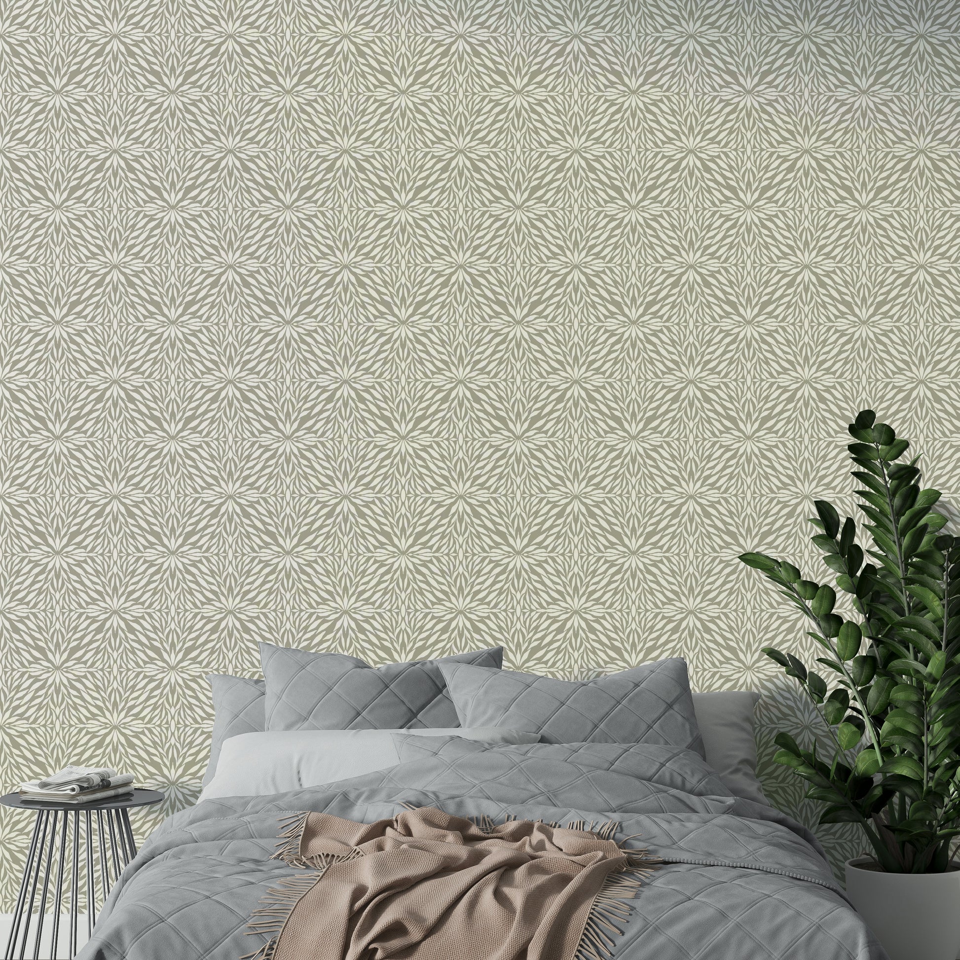 Peel and stick wallpaper with stylized leaf design

