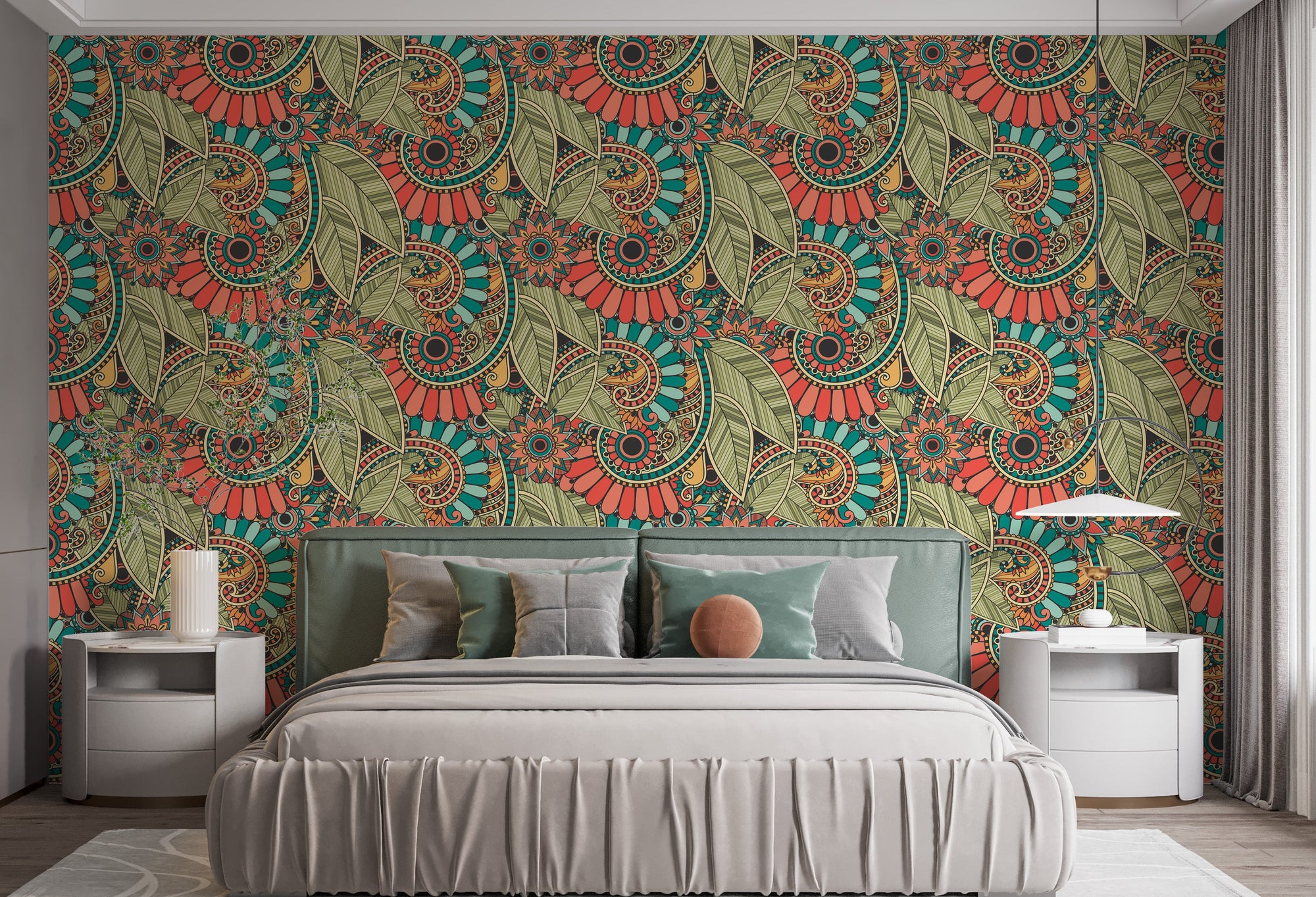 Zentangle Doodle Repeat Pattern wallpaper in green and orange behind a gray upholstered bed with two white nightstands