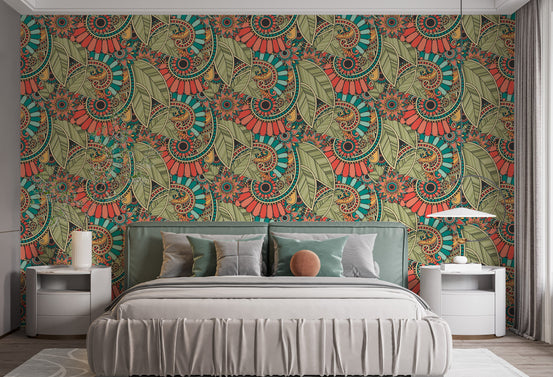Zentangle Doodle Repeat Pattern wallpaper in green and orange behind a gray upholstered bed with two white nightstands